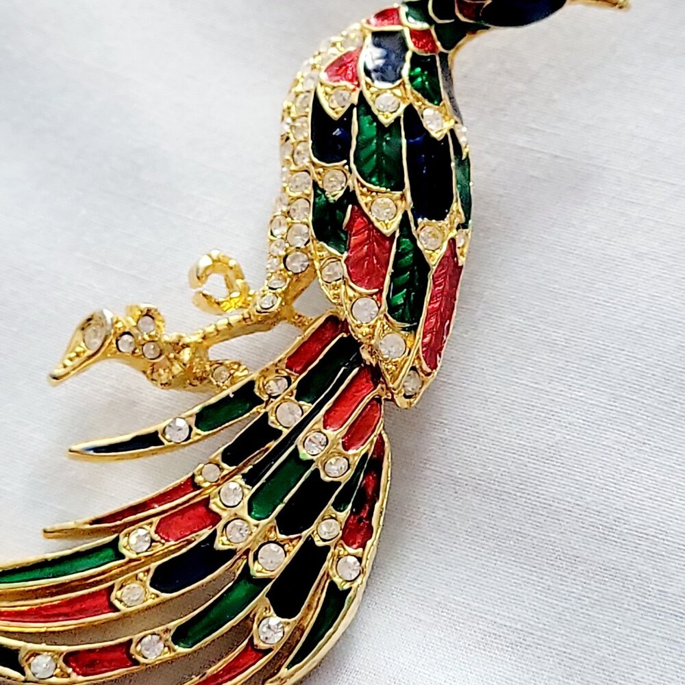 Vintage 1980s Peacock Bird Brooch Gold Tone Enamel Rhinestone Statement Pin - Picture 3 of 5